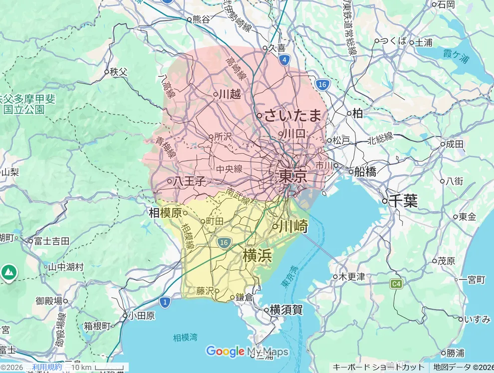お届けエリアの地図。赤の範囲＝東京都・埼玉県（送料無料）、黄色の範囲＝神奈川県（有料）